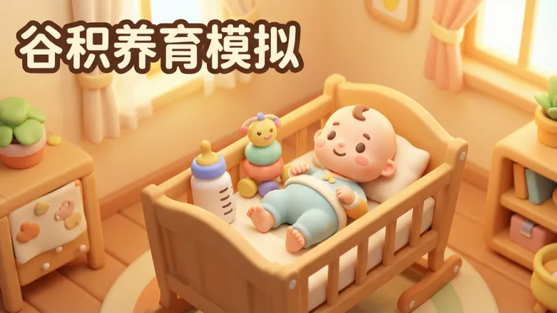 一张展示谷积养育模拟游戏核心全貌的图片,画面中央是温馨的家庭场景,一个卡通风格的婴儿在摇篮里,旁边有奶瓶和玩具,背景是柔和的暖色调房间,画面左上角用圆润字体写着“谷积养育模拟”,整体布局简洁明了,风格温馨治愈,细节丰富,画质干净,无多余元素