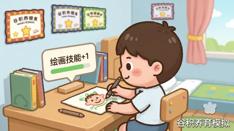 一张展示谷积养育模拟成长反馈界面的图片,画面中一个卡通小孩正在书桌前画画,旁边显示着“绘画技能+1”的提示,背景是儿童房的布置,墙上贴着奖状,画面右下角有“谷积养育模拟”的水印,风格卡通可爱,布局清晰,画质干净,无多余元素