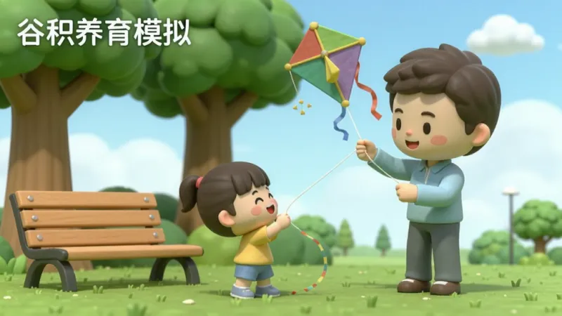 一张展示谷积养育模拟日常互动场景的图片,画面中一个卡通家长和孩子在公园草地上放风筝,旁边有长椅和树木,画面左上角写着“谷积养育模拟”,风格温馨明亮,布局舒展,画质干净,无多余元素