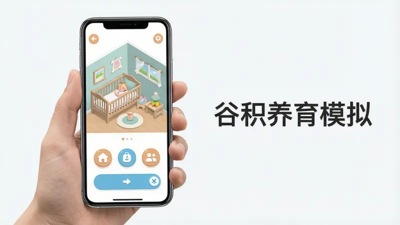 一张展示谷积养育模拟手机端操作界面的图片,画面中一只手拿着手机,屏幕上显示着游戏的主界面,有婴儿房场景和几个功能按钮,旁边有“谷积养育模拟”的文字标识,风格现代简洁,布局清晰,画质干净,无多余元素