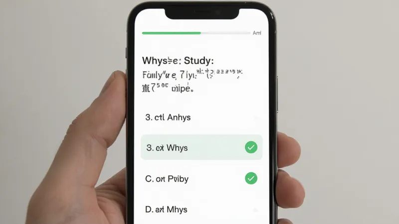 Whys Study 极简刷题界面,手机屏幕显示一道选择题,题干清晰,下方四个选项排列整齐,其中一个选项被选中并显示绿色对勾,屏幕顶部有进度条,背景纯白,风格极简,画质干净,无多余元素