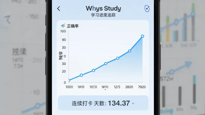 Whys Study 学习进度追踪页面,手机屏幕显示一个折线图,横轴是日期,纵轴是正确率,折线呈上升趋势,图表下方有连续打卡天数的数字显示,背景淡蓝色,风格数据可视化,画质清晰,无多余元素