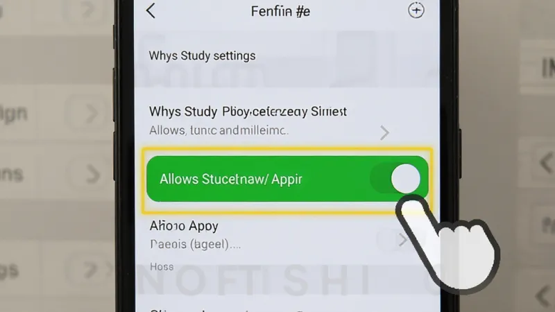 Whys Study 安装权限设置示意图,手机屏幕显示设置界面,高亮显示允许安装未知应用的开关按钮,旁边有手指点击的图标,背景是手机设置菜单,风格教程指引,画质清晰,无多余元素