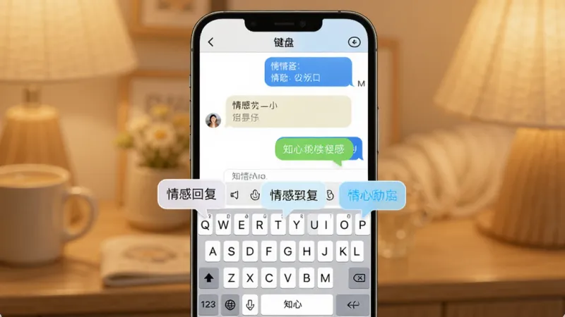 一张展示知心键盘手机输入界面的图片,画面中央是手机屏幕,屏幕上显示着聊天对话框,下方是知心键盘的输入区域,输入区域上方悬浮着几个情感回复建议的小气泡,背景是温馨的暖色调,风格现代简洁,细节清晰,画质干净,无多余元素