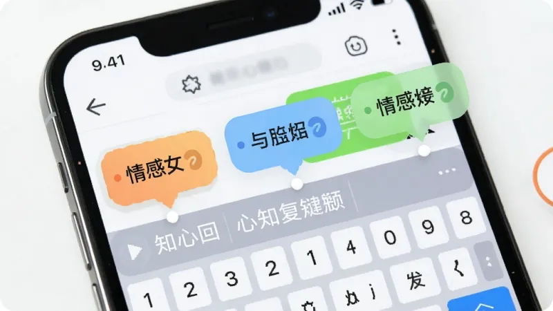一张展示知心键盘智能回复功能的特写图片,画面中一部手机屏幕显示聊天界面,知心键盘的候选词栏上方悬浮着三个不同风格的情感回复气泡,气泡上有简洁的文字标签,整体风格清新明快,布局清晰,画质干净,无多余元素