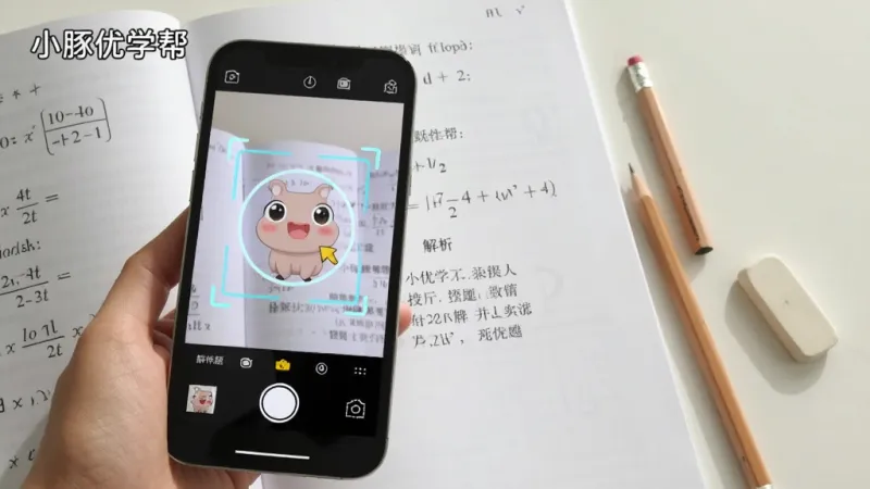 一张展示“小豚优学帮”拍照搜题功能的图片,画面中手机摄像头对准一本数学练习册,手机屏幕上显示识别中的动画和题目解析界面,旁边有铅笔和橡皮,光线明亮,风格写实,画质清晰,无多余元素
