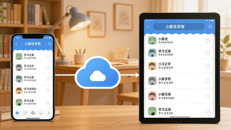一张展示“小豚优学帮”学习记录同步功能的图片,画面左侧是手机,右侧是平板,两个设备屏幕上都显示相同的学习记录列表,中间有云朵图标连接,背景是温馨的书房环境,风格现代扁平,画质干净,无多余元素