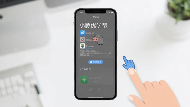 一张展示“小豚优学帮”在手机上安装和权限设置界面的图片,画面中手机屏幕显示应用权限管理页面,旁边有手指点击的示意,背景是简洁的桌面,风格现代扁平,画质干净,无多余元素