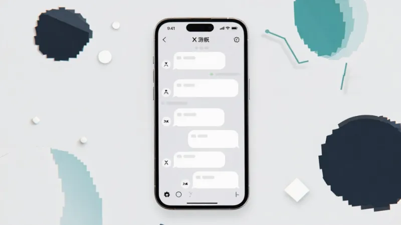 X游艇聊天界面展示图,画面中央是一部智能手机,屏幕上显示着X游艇的聊天对话列表,对话框为白色圆角气泡,背景为浅灰色,顶部状态栏显示时间与信号,手机周围有简洁的几何装饰元素,整体风格干净清爽、现代扁平化,画质清晰,无多余元素。