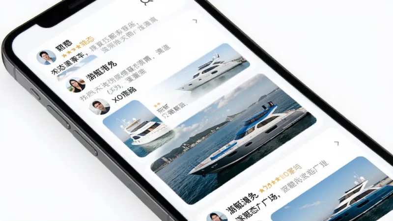 X游艇动态广场界面展示图,画面中是一部手机屏幕,显示着瀑布流式的用户动态卡片,每张卡片包含用户头像、昵称、文字内容和配图,卡片背景为白色,整体布局整齐,风格清新现代,画质干净,无多余元素。