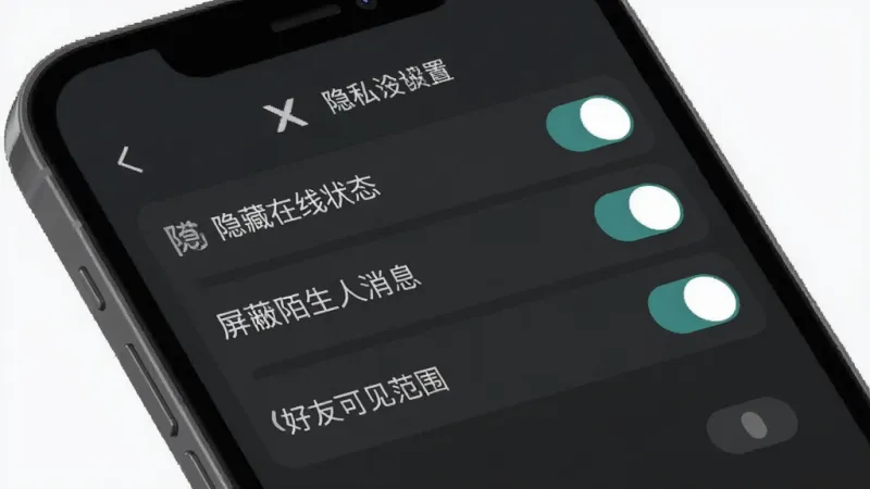 X游艇隐私安全设置界面展示图,画面中是一部手机屏幕,显示着隐私设置选项列表,包括隐藏在线状态、屏蔽陌生人消息、好友可见范围等开关按钮,界面以深灰色和白色为主,风格简洁严谨,画质清晰,无多余元素。
