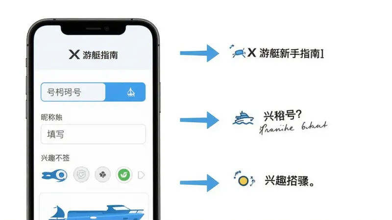 X游艇新手指南示意图,画面中是一部手机屏幕,显示着X游艇的注册页面,页面上有手机号输入框、昵称填写栏和兴趣标签选择区域,旁边有简洁的箭头指引标注操作步骤,风格清晰明快,排版整齐,画质干净,无多余元素。