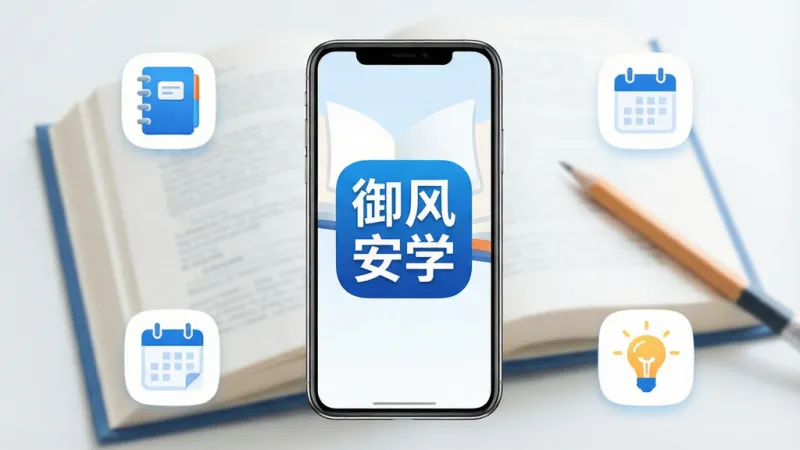 一张展示“御风安学”手机应用主界面的图片，画面中央是一部现代智能手机，屏幕亮起显示“御风安学”四个大字的App图标，背景是柔和的书本和铅笔元素，整体风格清新简洁，布局上手机居中，周围环绕着代表学习功能的简约图标如笔记本、日历、灯泡，色彩以蓝白为主，画质清晰干净，无多余元素
