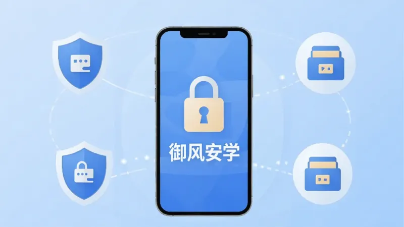 一张展示“御风安学”数据安全概念的图片，画面中央是一部手机，手机屏幕显示一把锁和“御风安学”字样，周围环绕着盾牌和本地存储的图标，背景是柔和的科技蓝，布局上手机居中，图标环绕，风格扁平化，画质干净，无多余元素
