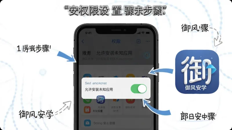 一张展示“御风安学”安装权限设置步骤的示意图，画面中一部手机屏幕显示设置界面，有“允许安装未知应用”的开关按钮，旁边有“御风安学”的图标，手机周围有箭头指示操作步骤，风格简洁直观，画质清晰，无多余元素