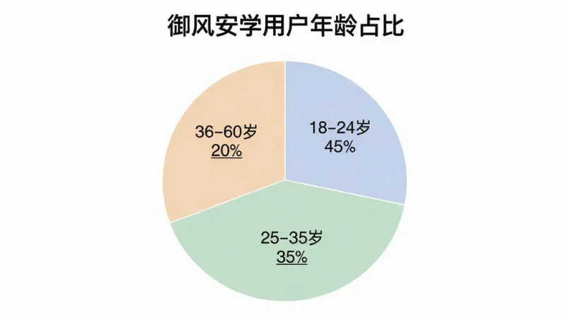 一张展示“御风安学”用户年龄分布的饼状图，图表标题为“御风安学用户年龄占比”，饼图分为三块，分别标注“18-24岁 45%”、“25-35岁 35%”、“36-60岁 20%”，配色柔和，图表风格简洁现代，画质清晰，无多余元素