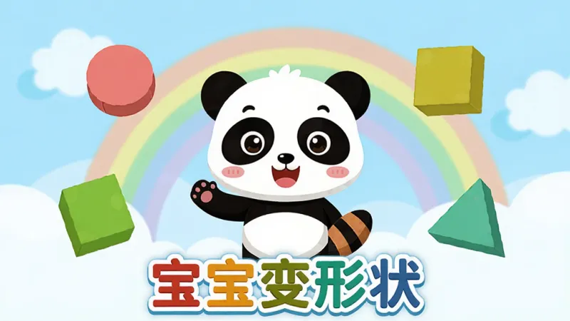 宝宝变形状 儿童早教应用主界面,一个可爱的卡通小熊猫站在屏幕中央,周围漂浮着彩色的圆形、方形和三角形积木,背景是柔和的蓝天白云和彩虹,画面下方有“宝宝变形状”的文字标识,整体风格明亮活泼,扁平化插画设计,色彩饱和度高,干净无多余元素,适合儿童观看,画质清晰。