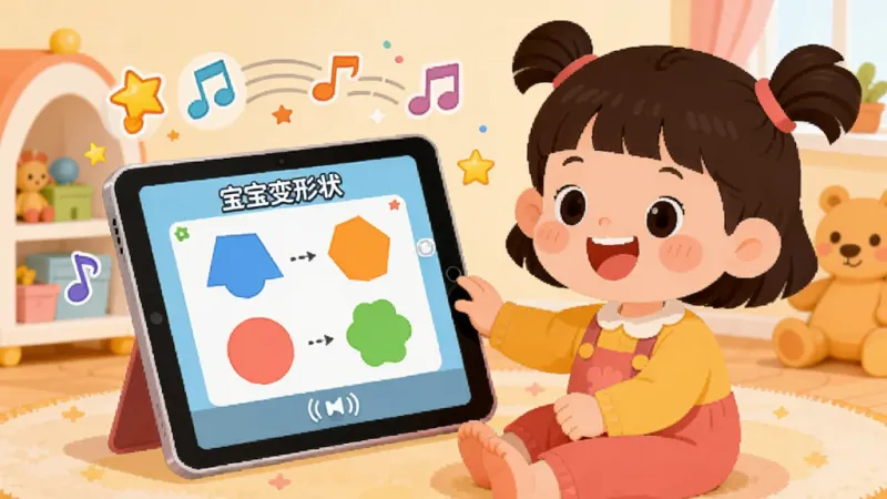 宝宝变形状 语音互动场景,一个卡通小女孩坐在平板电脑前开心地笑着,平板屏幕上显示着形状配对成功的画面,周围有音符和星星的图标表示语音播放中,背景是温馨的儿童房,色调温暖柔和,画面中有“宝宝变形状”的文字,扁平插画风格,干净无多余元素,画质明亮。