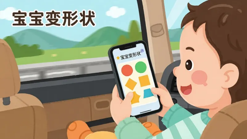 宝宝变形状 离线使用场景,一个小朋友坐在汽车后座上拿着手机玩宝宝变形状,手机屏幕上显示着形状配对界面,车窗外是移动的风景,画面中有“宝宝变形状”的文字,风格温馨日常,色调明亮,扁平插画风格,细节干净,画质清晰。