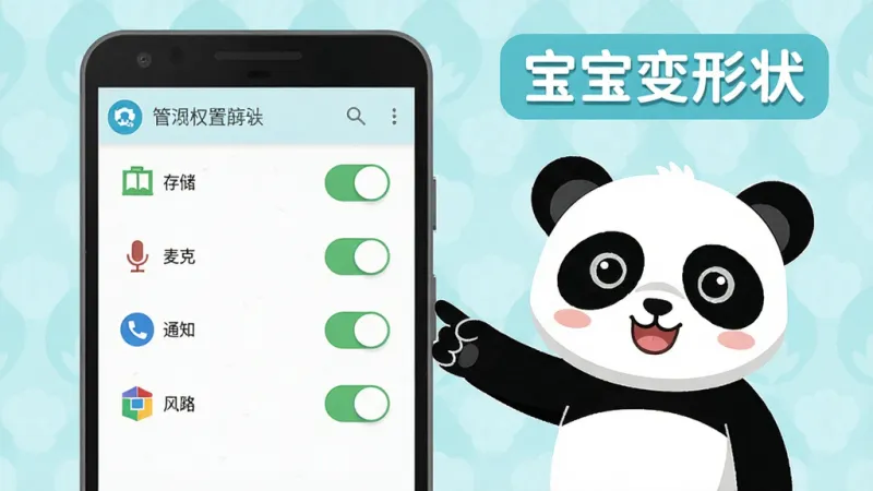 宝宝变形状 手机设置权限界面示意图,一部安卓手机屏幕上显示着应用权限管理页面,有存储、麦克风、通知等权限开关,旁边有一个卡通小熊猫指着屏幕提示,画面中有“宝宝变形状”的文字标签,扁平UI风格,色调清爽,布局清晰,干净无多余元素,画质清晰。