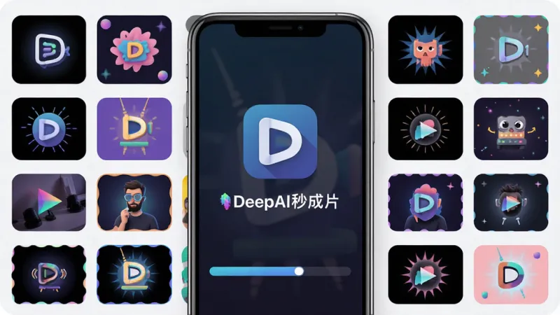 一张展示DeepAI秒成片核心功能的手机应用界面截图,画面中央是DeepAI秒成片的logo和名称,背景是正在生成视频的进度条,周围环绕着各种特效模板缩略图,主体是手机屏幕,布局居中,排版清晰,风格现代扁平化,细节圆润,画质干净,无多余元素