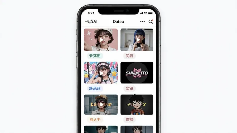 DeepAI秒成片应用内的模板选择界面,展示多个视频模板缩略图,包括卡点、变装、动漫等分类标签,手机屏幕居中,界面布局采用网格排列,风格清新明亮,细节清晰,画质干净,无多余元素