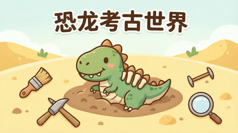 一张明亮温馨的儿童数字插画风格图片，画面中央是一个卡通风格的小恐龙化石半埋在土层中，周围散落着小刷子、小锤子和放大镜等考古工具，背景是浅黄色的考古现场沙地，上方有'恐龙考古世界'的标题文字，整体布局居中对称，色彩柔和干净，画质清晰无多余元素