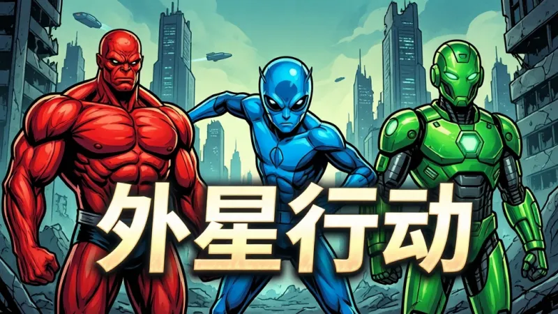 外星行动游戏宣传图,画面展示三个不同形态的外星英雄并排站立,左边是红色肌肉型英雄,中间是蓝色敏捷型英雄,右边是绿色科技型英雄,背景是未来感十足的城市废墟,画面中央用大号字体写着“外星行动”,文字带有发光特效,整体风格为美漫风格,色彩对比强烈,画质清晰,无多余元素