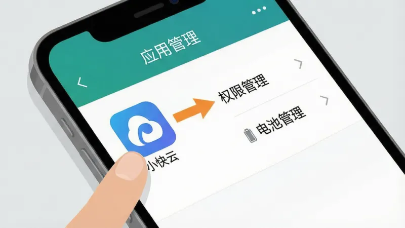 一张手机操作指引图,画面主体是一部手机,屏幕上显示着设置界面的“应用管理”页面,手指正点向“小快云”的图标,图标旁边有箭头指向“权限管理”和“电池管理”两个选项,布局采用斜向视角,风格为扁平化UI指示图,细节上界面文字清晰可见,背景为浅灰色,画质干净,无多余元素。