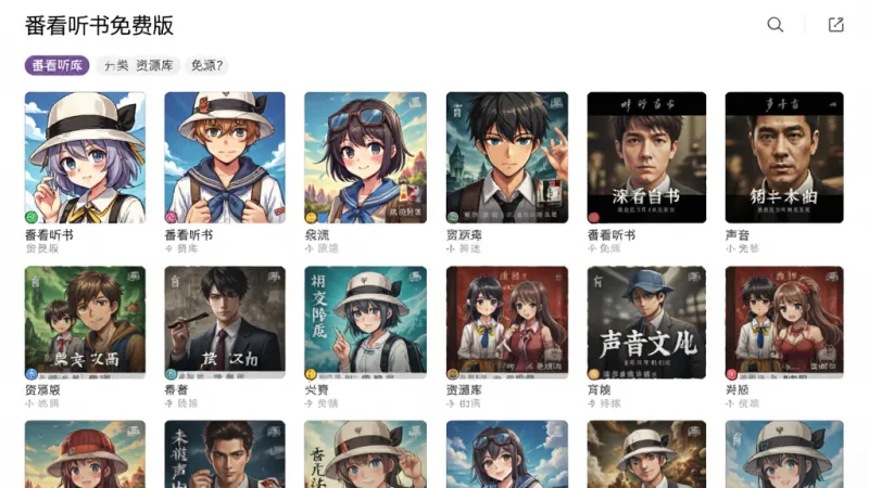 番看听书免费版 资源库界面，展示动漫和有声书网格排列，封面图丰富多样，分类标签清晰可见，画面中有