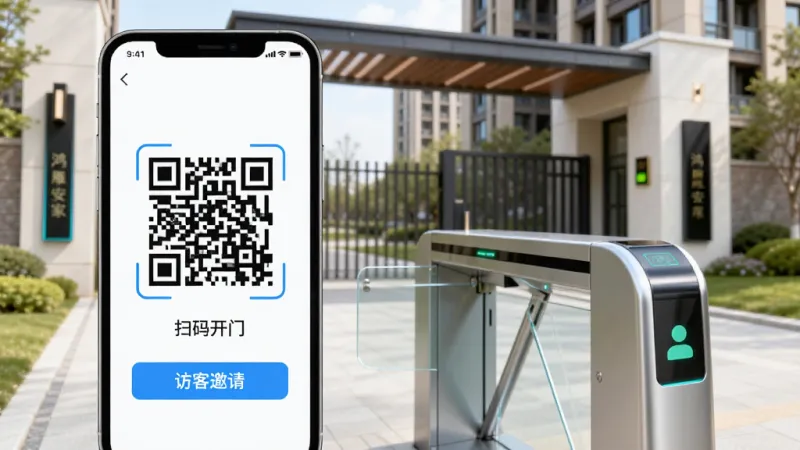 一张展示鸿雁安家APP门禁功能的手机界面图,画面中一部手机正对着小区门禁闸机,手机屏幕上显示一个醒目的二维码,旁边有“扫码开门”和“访客邀请”的文字按钮,背景是现代化的社区大门,光线明亮,风格简洁科技感,画质干净,无多余元素