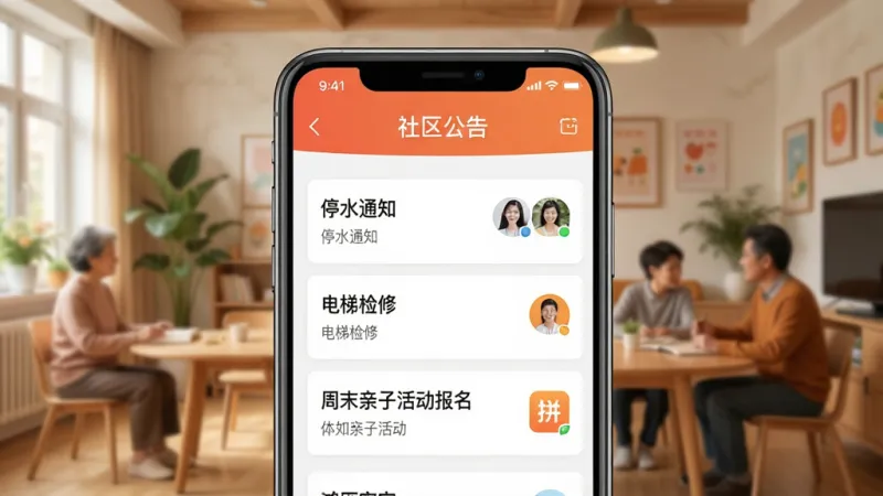 一张展示鸿雁安家APP社区公告界面的手机界面图,手机屏幕内显示“社区公告”列表,有“停水通知”、“电梯检修”、“周末亲子活动报名”等条目,旁边有邻里圈聊天头像和拼团图标,背景是温馨的小区活动中心场景,风格亲切生活化,画质干净,无多余元素