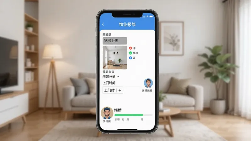 一张展示鸿雁安家APP报修流程的手机界面图,手机屏幕内显示“物业报修”表单,有拍照上传区域、问题分类下拉菜单、上门时间选择器,旁边有维修师傅头像和进度条,背景是居家环境,风格清晰实用,画质干净,无多余元素