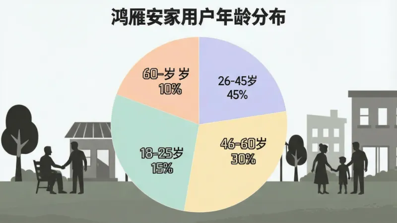一张展示鸿雁安家用户年龄分布的饼状图,画面中央是一个圆形饼图,分为四个扇形区域,分别标注“26-45岁 45%”、“46-60岁 30%”、“18-25岁 15%”、“60岁以上 10%”,饼图颜色柔和,背景是简洁的社区生活场景剪影,风格清晰直观,画质干净,无多余元素