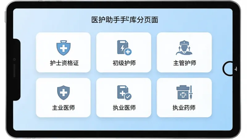 医护助手题库分类页面，屏幕中间排列着护士资格证、初级护师、主管护师、执业医师、执业药师等考试分类卡片，每个卡片上有对应的图标和文字标签，背景为浅蓝色渐变，排版整齐，风格简洁现代，画质干净无多余元素