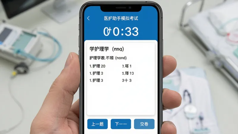 医护助手模拟考试界面，手机屏幕显示考试倒计时和答题卡，题目区域展示一道护理学选择题，底部有上一题、下一题和交卷按钮，界面以蓝色和白色为主，布局清晰，文字标签明确，画质干净无多余元素