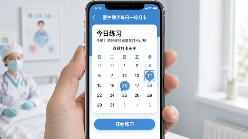 医护助手每日一练打卡页面，屏幕中央显示今日练习题和打卡日历，日历上标记了连续打卡的天数，底部有开始练习按钮，配色以蓝色和白色为主，界面简洁清新，画质干净无多余元素