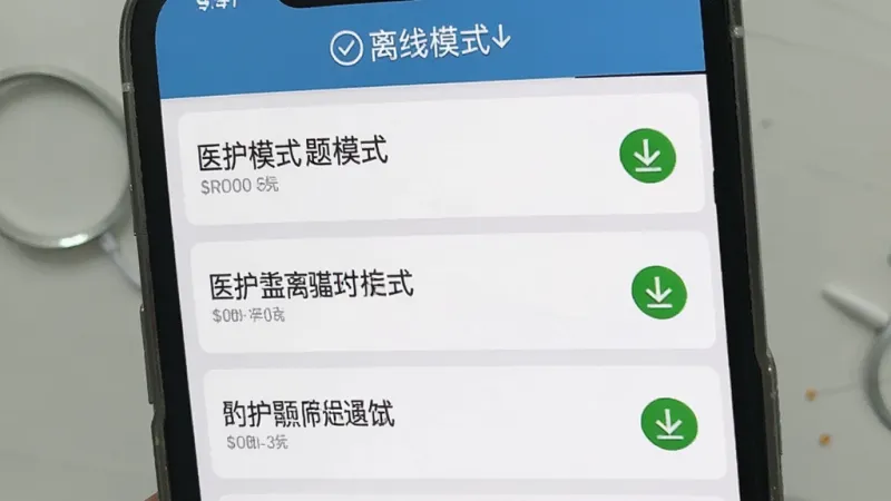 医护助手离线模式界面，手机屏幕显示已下载的题库列表，每个题库旁边有下载完成的绿色对勾图标，顶部有离线模式标识，背景为浅灰色，排版整齐，风格简洁，画质清晰无多余元素