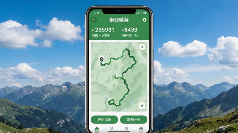 一张展示登山运动主题的手机应用界面截图，画面中央是一部智能手机，手机屏幕上显示着一款名为“攀登精英”的登山记录应用主界面，界面以绿色和白色为主色调，顶部显示海拔高度和登山用时，中间是路线轨迹地图，底部有开始记录和数据分析按钮，背景是蓝天白云和连绵的山脉，风格清新自然，细节清晰，画质干净，无多余元素