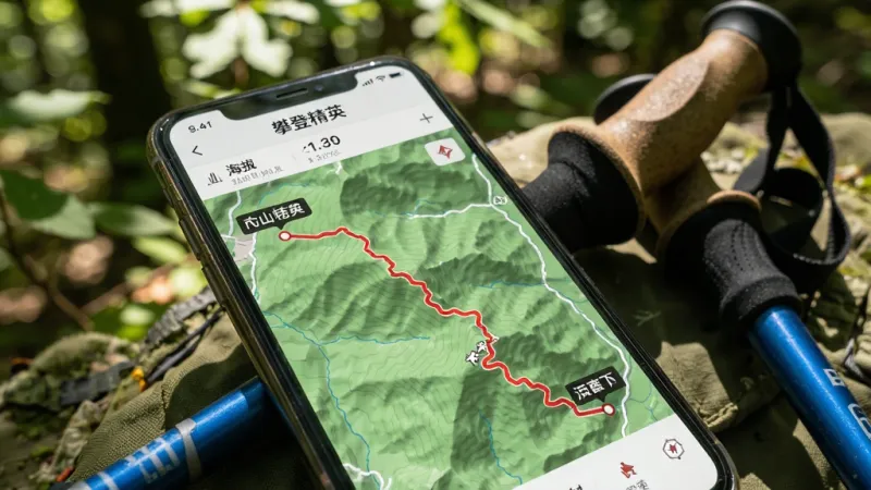 手机屏幕显示“攀登精英”应用中的登山轨迹地图界面，一条蜿蜒的红色轨迹线覆盖在绿色的地形图上，起点和终点有清晰标注，屏幕上方显示海拔和距离数据，背景是手机放在登山杖旁边的实拍场景，阳光透过树叶洒下来，风格写实自然，画质清晰，细节丰富，无多余元素