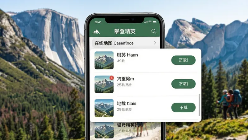 手机屏幕展示“攀登精英”应用的离线地图下载界面，列表中显示多个山区地图包及下载按钮，界面风格简洁，背景是户外登山场景，远处有山峰和树林，画面明亮清晰，画质干净，无多余元素