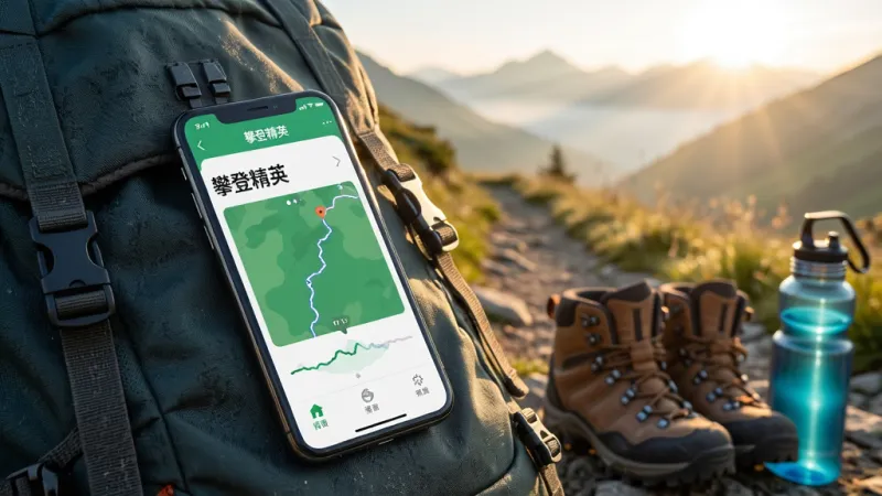 一部手机放在登山背包上，屏幕显示“攀登精英”应用正在记录轨迹，背景是清晨的山间小路，阳光柔和，旁边有登山鞋和水壶，画面传达户外运动氛围，风格写实，画质清晰，无多余元素
