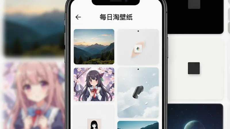 一张手机壁纸应用的主界面展示图，画面中央是一个简洁的壁纸瀑布流界面，顶部有“每日淘壁纸”的文字标识，界面中展示多张不同风格的壁纸缩略图，包括风景、动漫、极简风格，布局为双列瀑布流排版，风格清新现代，细节干净，画质高清，无多余元素