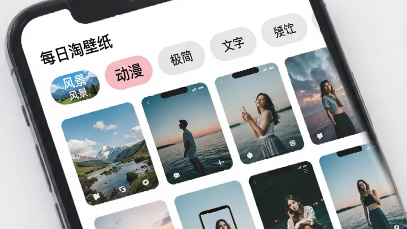 一张展示壁纸分类筛选功能的界面图，画面中是一个手机屏幕，屏幕上显示“每日淘壁纸”的分类标签栏，包括风景、动漫、极简、文字等标签，下方是网格排列的壁纸缩略图，布局清晰，排版整齐，风格现代扁平，细节圆润，画质干净无多余元素