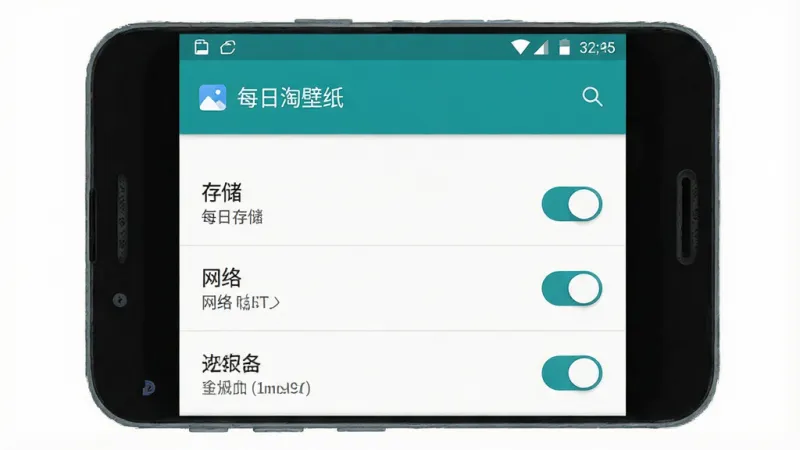 一张展示手机应用权限设置界面的示意图，画面中是一个安卓手机的设置界面，显示“每日淘壁纸”的权限管理页面，包括存储、网络等权限开关，布局清晰，排版整齐，风格简洁现代，细节干净，画质高清无多余元素