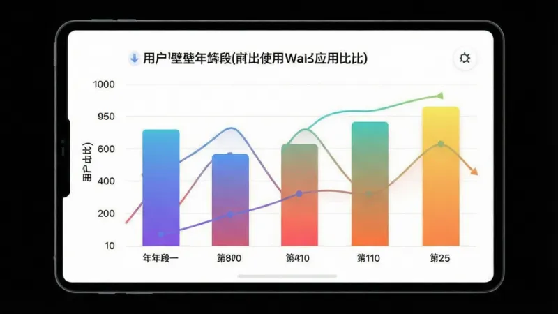 一张展示不同年龄段用户使用壁纸应用的比例柱状图，画面中是一个柱状图界面，横轴标注不同年龄段，纵轴标注用户占比，柱状图颜色为渐变色，背景干净，布局清晰，风格数据可视化现代风，细节锐利，画质高清无多余元素