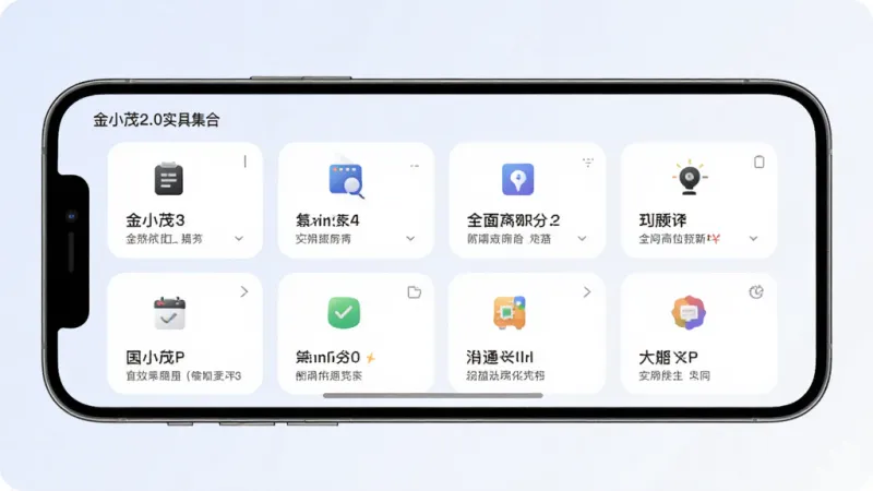 主体是金小茂2.0实用工具集合界面,布局为手机屏幕横向展示多个功能卡片,排版上卡片排列整齐,风格为现代卡片式设计,细节上每个卡片配有简洁图标和说明文字,背景为浅色渐变,画质高清,无多余元素。