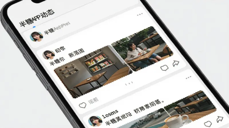 半糖APP动态广场界面展示,手机屏幕显示用户发布的图文动态列表,每条动态有头像、昵称、文字内容、配图和互动按钮,背景是白色和浅灰色搭配,界面排版清晰,画质干净无多余元素