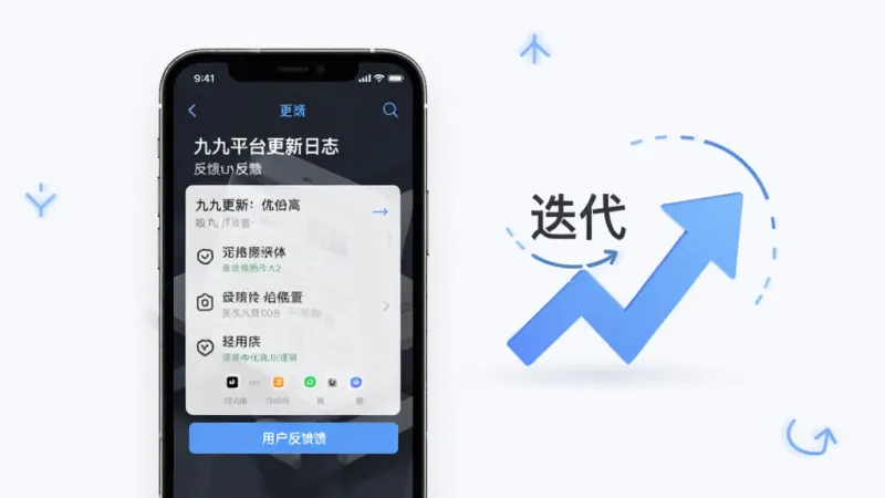 一张展示九九平台更新日志和反馈界面的图片，画面中手机屏幕显示版本更新内容和用户反馈入口，旁边有代表迭代和优化的箭头图标，布局清晰，风格简洁现代，画质干净无多余元素