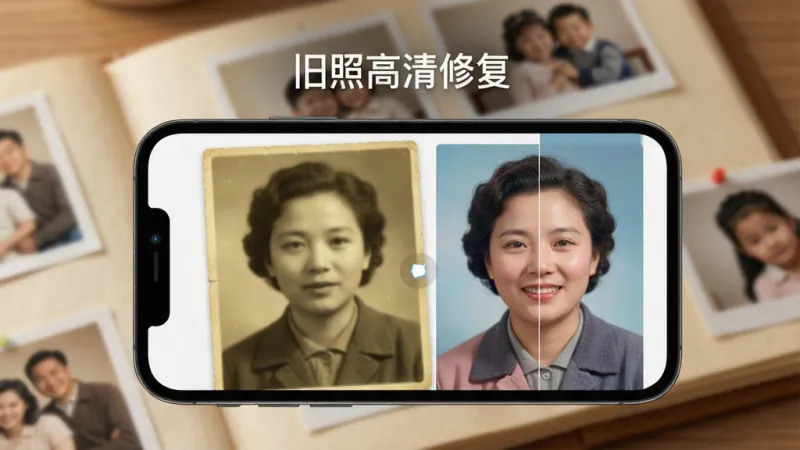 一张手机屏幕展示旧照高清修复App的主界面，界面上方显示“旧照高清修复”文字，中间是一张泛黄模糊的老照片正在被AI处理，右侧呈现修复后清晰彩色的人像对比效果，背景是温馨的家庭相册场景，风格简洁现代，画质干净无多余元素